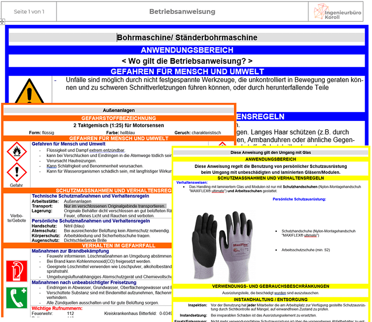 Betriebsanweisungen für Tätigkeiten, Gefahrstoffe und persönliche Schutzausstattung.